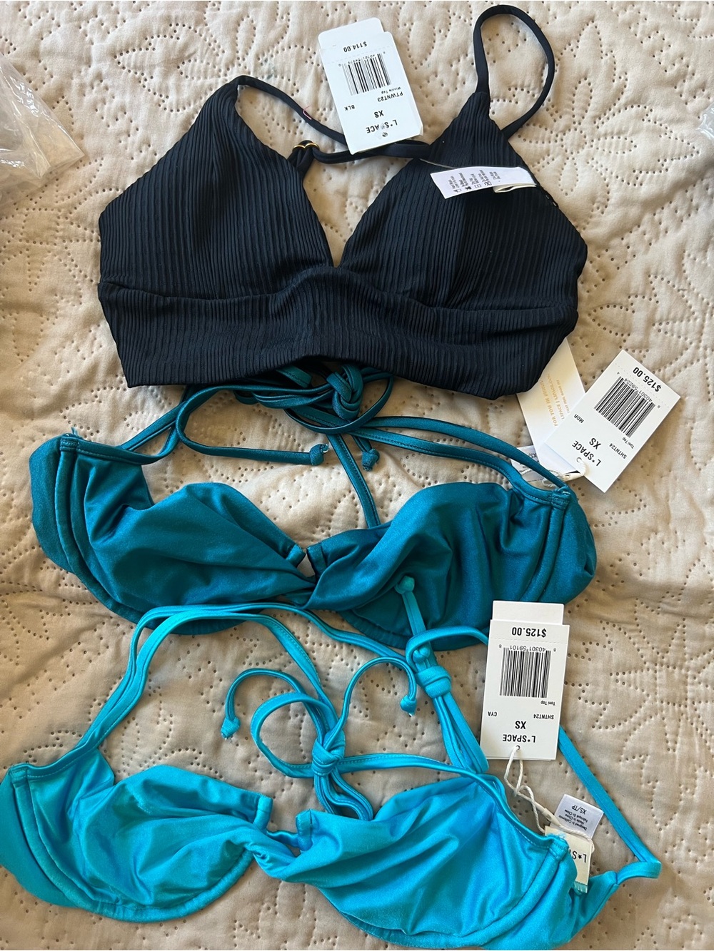 l*space Black Ribbed Bralette & Teal Blue Bikini Tops Set